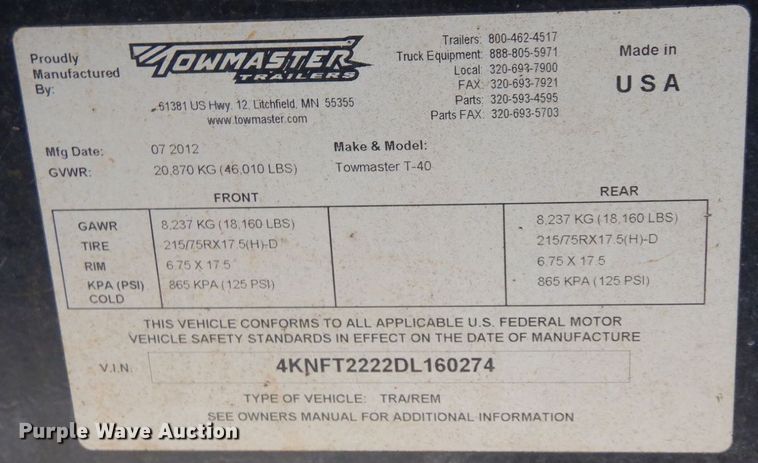 image for item AF9404 2013 Towmaster  T-40 equipment trailer