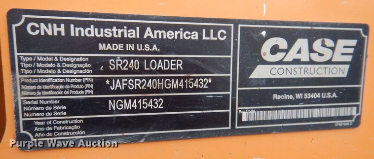 image for item DK2074 2016 Case SR240  skid steer loader