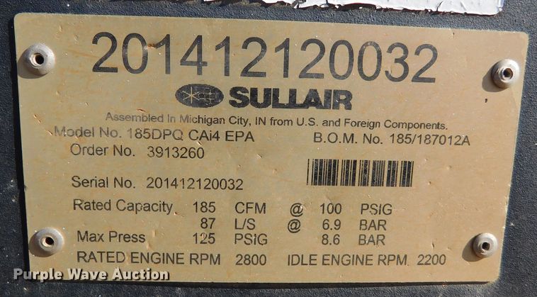 image for item DM2553 2014 Sullair 185DPQCAi4  air compressor