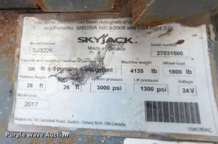 image for item DO3482 2017 Skyjack SJ3226  scissor lift