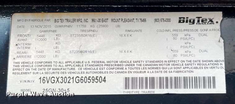 image for item DQ1929 2016 Big Tex 25GNHD  equipment trailer