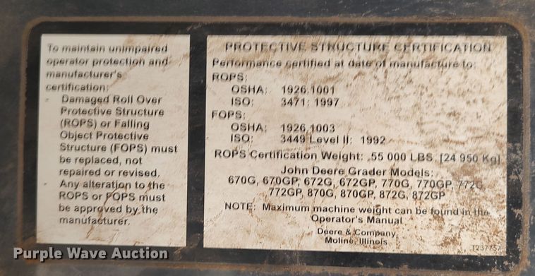 image for item DR6774 2012 John Deere 672G  motor grader