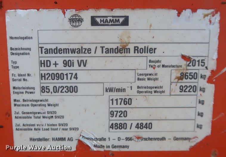 image for item DR6776 2015 Hamm HD+ 90i VV  double drum vibratory roller