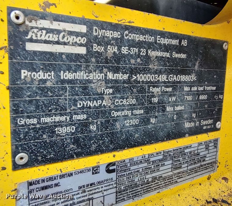 image for item DR6797 2017 Dynapac CC6200  double drum vibratory roller