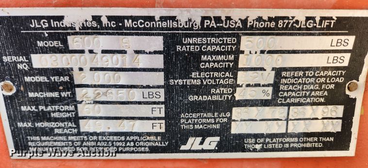 image for item JB9727 2000 JLG 600S  boom lift