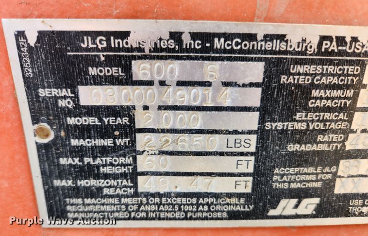 image for item JB9727 2000 JLG 600S  boom lift