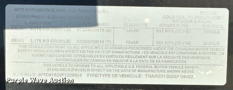 image for item JD9768 2015 PJ D9162  dump trailer