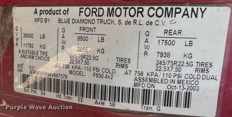 image for item JU9791 2004 Ford F650 Super Duty XL  dump truck