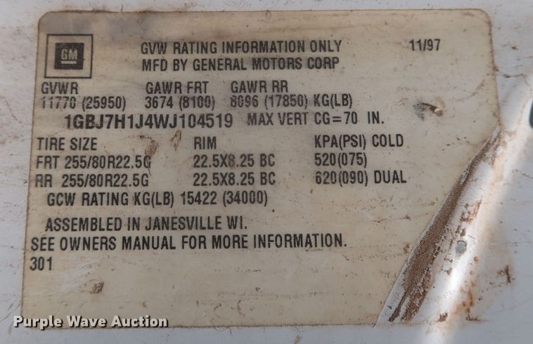 image for item JX9254 1998 Chevrolet C7500  utility / service truck