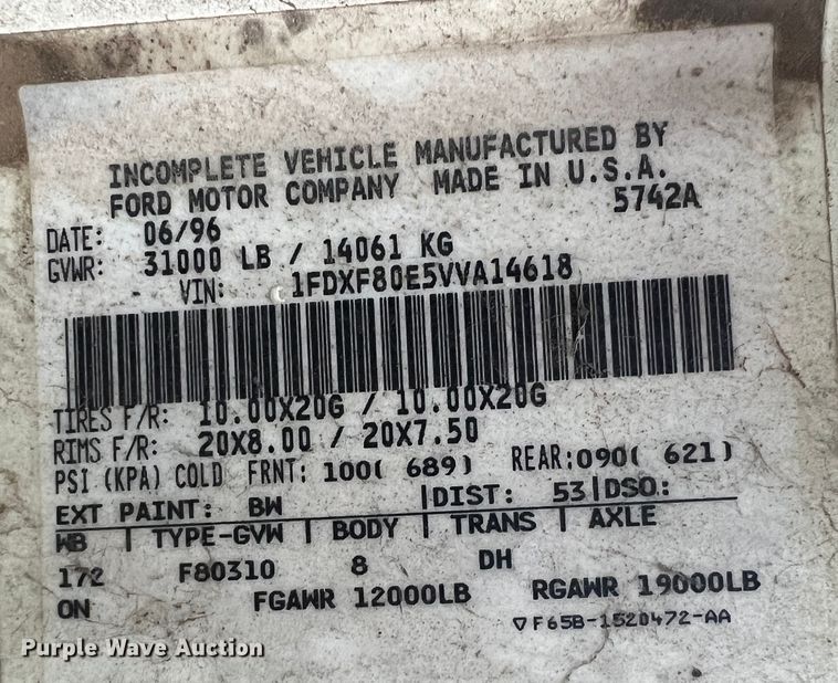 image for item KF9759 1997 Ford F800  digger derrick truck