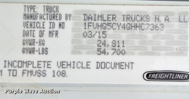 image for item KT9561 2016 Freightliner 108SD  sewer jetter truck