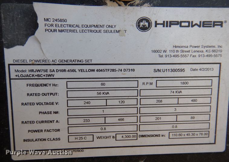 image for item KW9632 2013 Hipower 75  generator