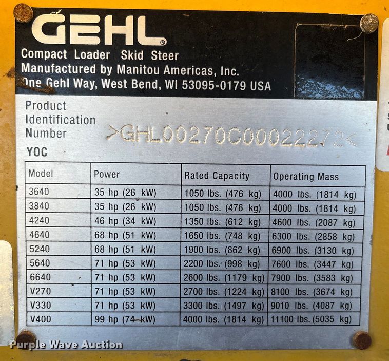 image for item MW9428 2013 Gehl V270  skid steer loader