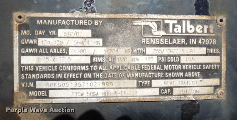 image for item AF9364 2007 Talbert T3DW-50SA-HRG-1-11  lowboy equipment trailer