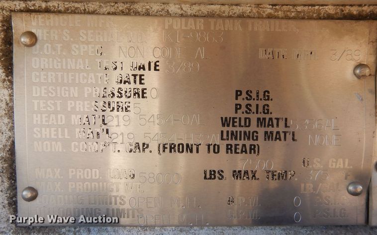 image for item DF8252 1989 Polar Tank Trailers Inc  tank trailer