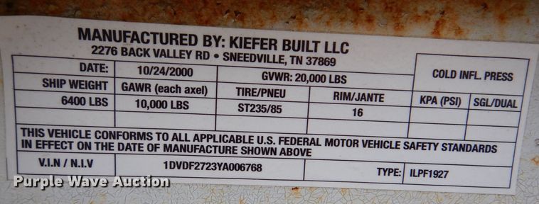 image for item DK2047 2000 Kiefer Built  equipment trailer