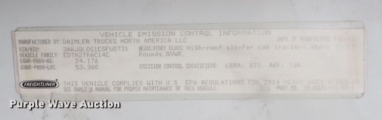 image for item DQ2978 2014 Freightliner Cascadia Evolution  semi truck