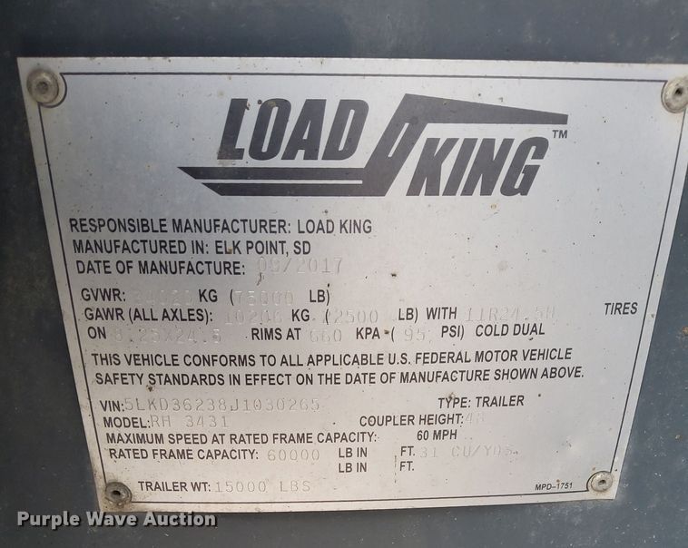 image for item DR7405 2018 Load King  end dump trailer