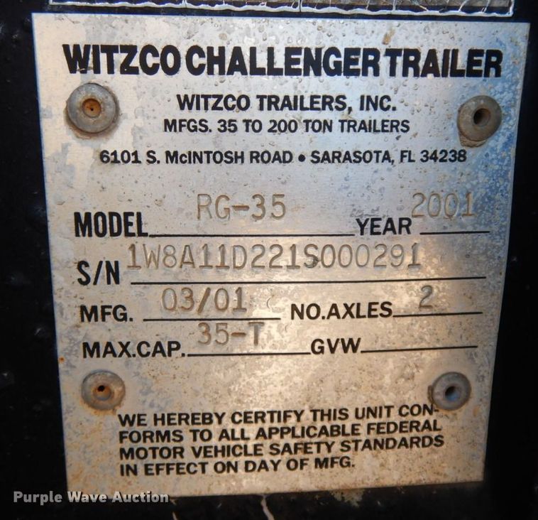 image for item HG9299 2001 Witzco RG-35  lowboy equipment trailer