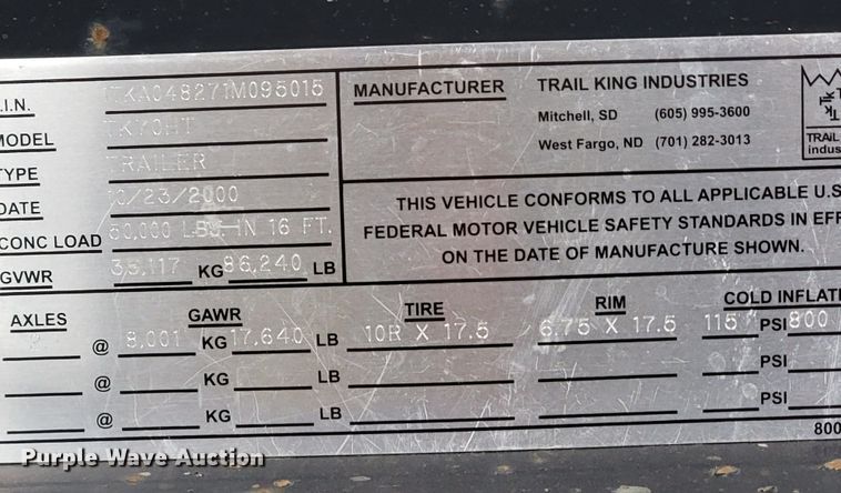 image for item HG9353 2001 Trail King TK70HT  equipment trailer