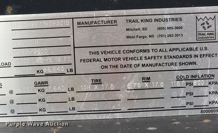 image for item HG9353 2001 Trail King TK70HT  equipment trailer