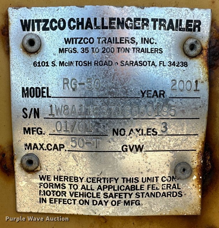 image for item JD9723 2001 Witzco RG-50  lowboy equipment trailer