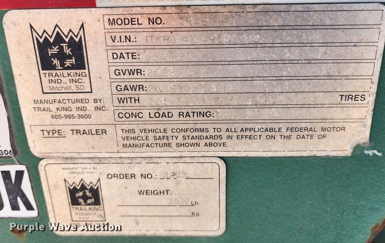 image for item KC9412 2010 Trail King TK110HDG-533  lowboy equipment trailer