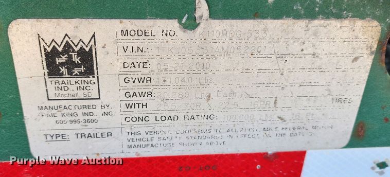 image for item KC9412 2010 Trail King TK110HDG-533  lowboy equipment trailer