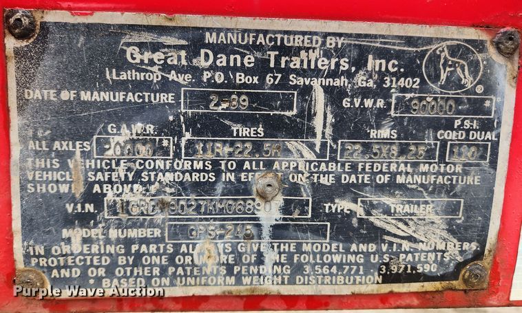 image for item KT9556 1989 Great Dane GPS-245  flatbed trailer
