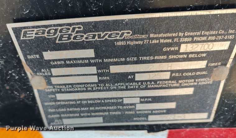 image for item LK9344 2011 Eager Beaver 55GSL  lowboy equipment trailer