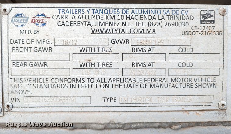 image for item LP9106 2012 TyTal 2BBL  tank trailer