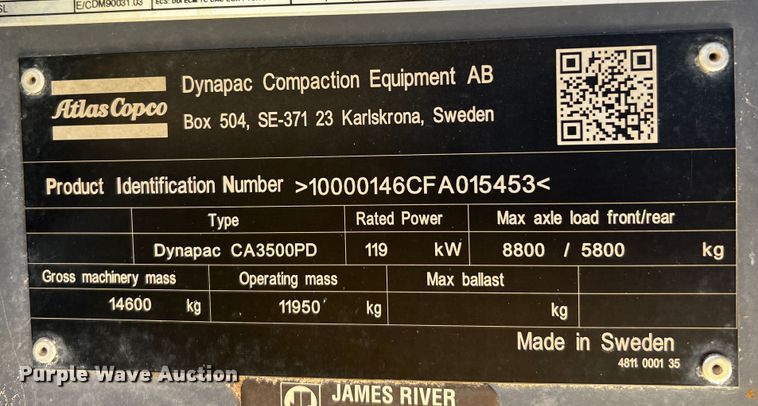 image for item DO8887 2015 Dynapac CA3500PD  single drum vibratory roller