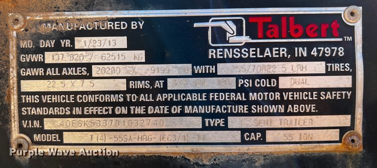 image for item DO8897 2013 Talbert  lowboy equipment trailer