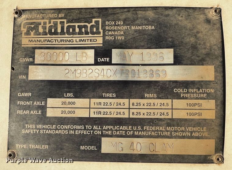 image for item DO8911 1996 Midland MG40CLAM  bottom dump trailer