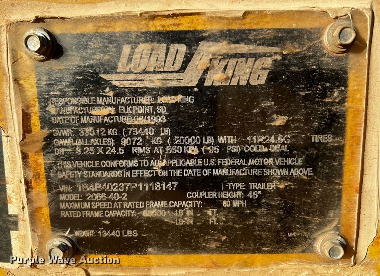 image for item DO8912 1993 Load King 2066-40-2  bottom dump trailer