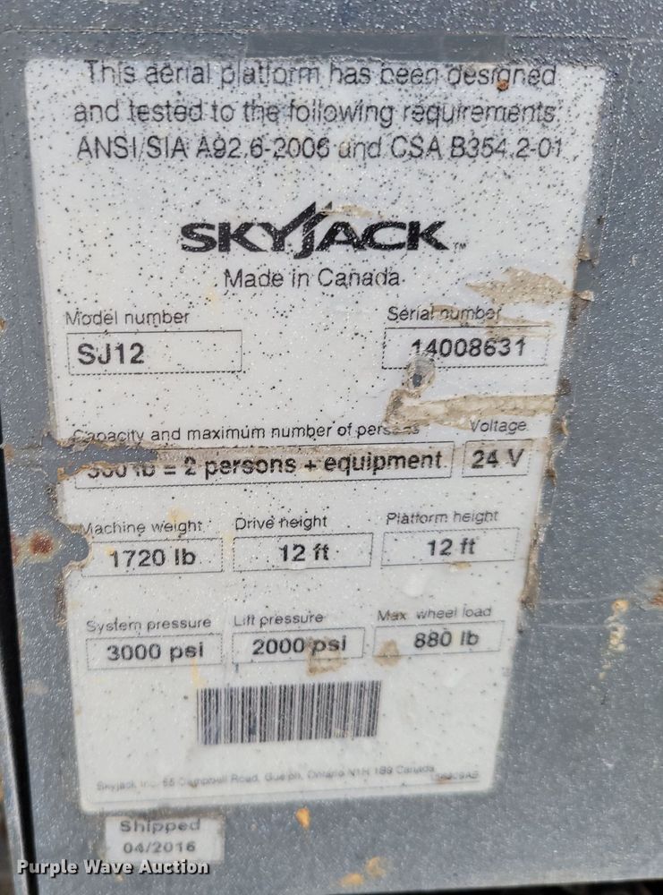 image for item JY9970 2016 Skyjack SJ12 vertical lift