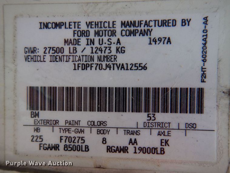 image for item KW9565 1996 Ford F700  box truck