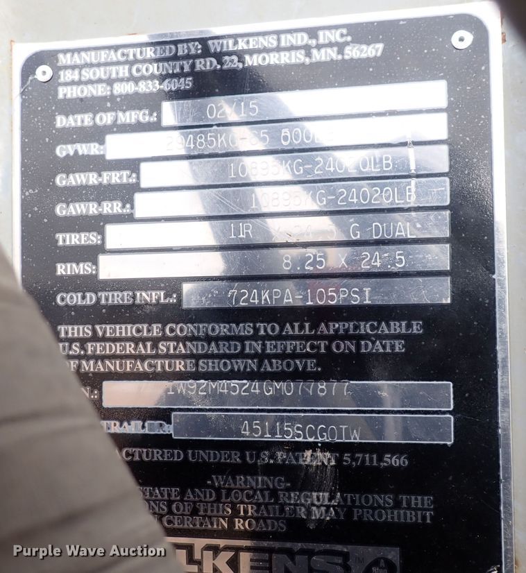 image for item DQ4959 2016 Wilkins 45115SCG0TW  walking floor trailer