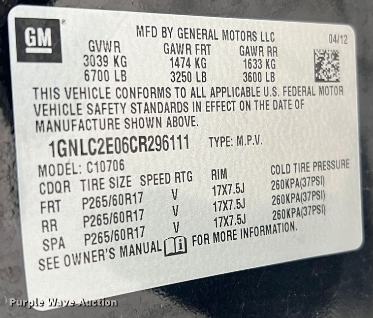 image for item JU9740 2012 Chevrolet Tahoe Police  SUV