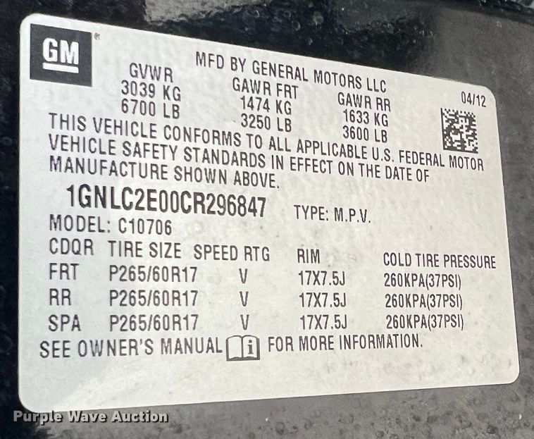 image for item JU9741 2012 Chevrolet Tahoe Police  SUV