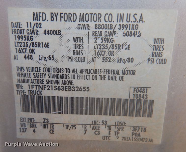 image for item KW9581 2003 Ford F250 Super Duty XL  pickup truck