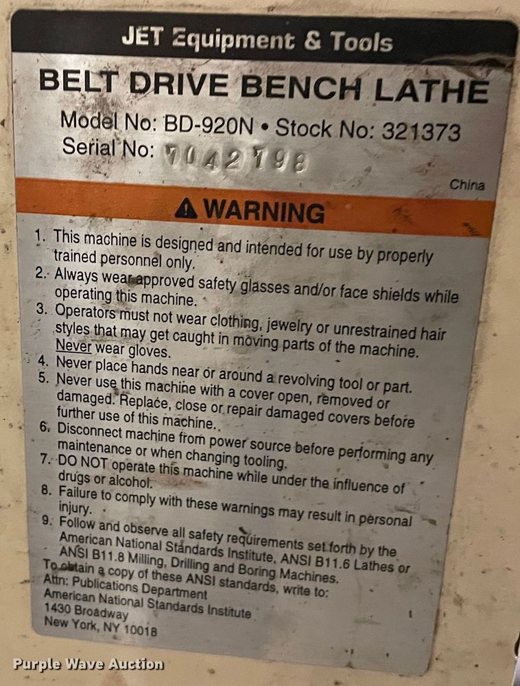 image for item MT9991 Jet BD-920N  lathe