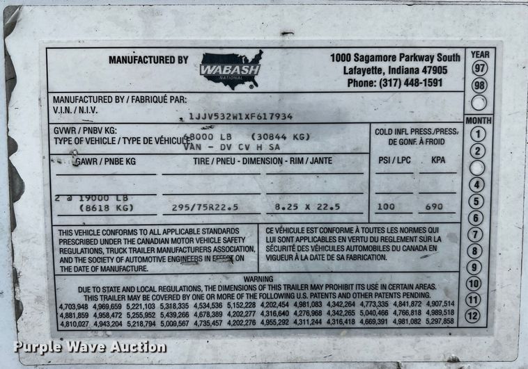 image for item DQ1924 1999 Wabash  dry van trailer