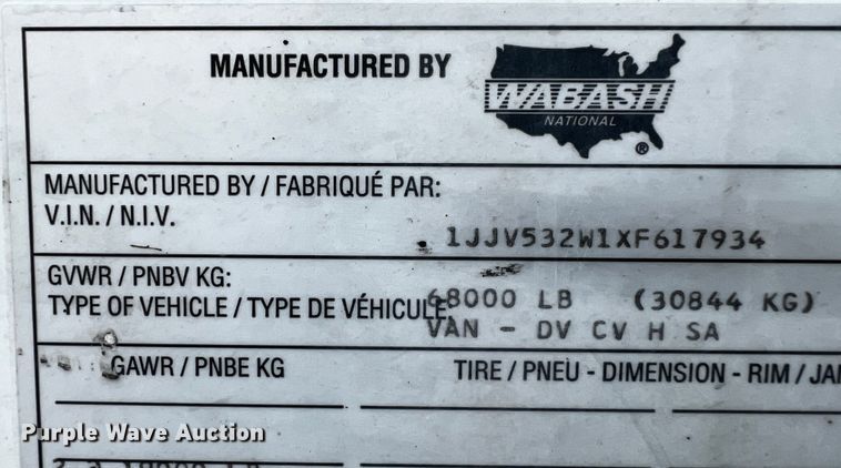 image for item DQ1924 1999 Wabash  dry van trailer