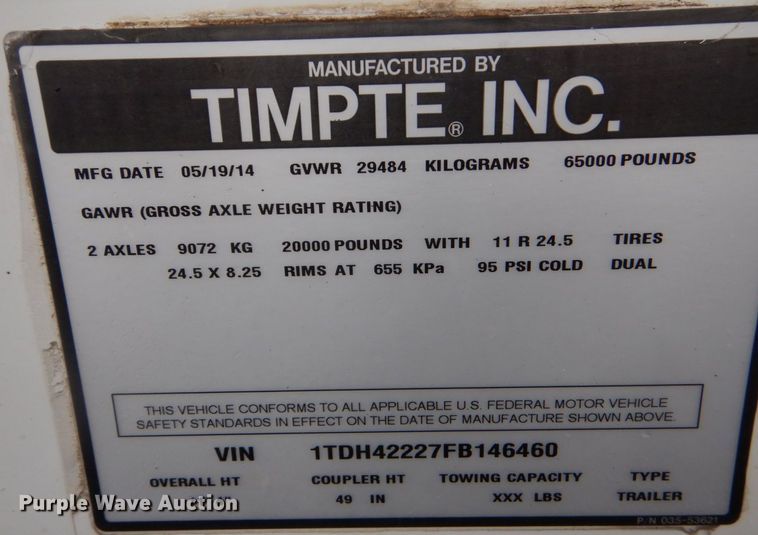 image for item LT9018 2015 Timpte  grain trailer