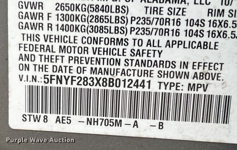 image for item DO8963 2008 Honda Pilot  SUV