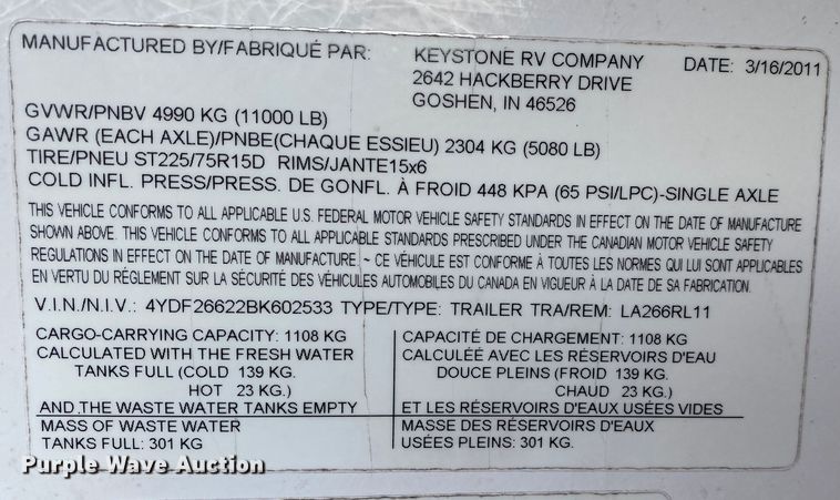 image for item JW9264 2011 Keystone Laredo  camper