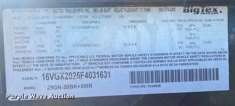 image for item JW9285 2015 Big Tex 25GN  equipment trailer