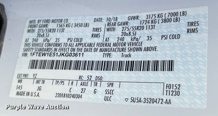 image for item MI9547 2018 Ford F150  SuperCrew pickup truck