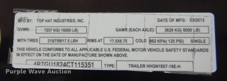 image for item MM9588 2012 Top Hat HHGN18X7-16E-H  equipment trailer